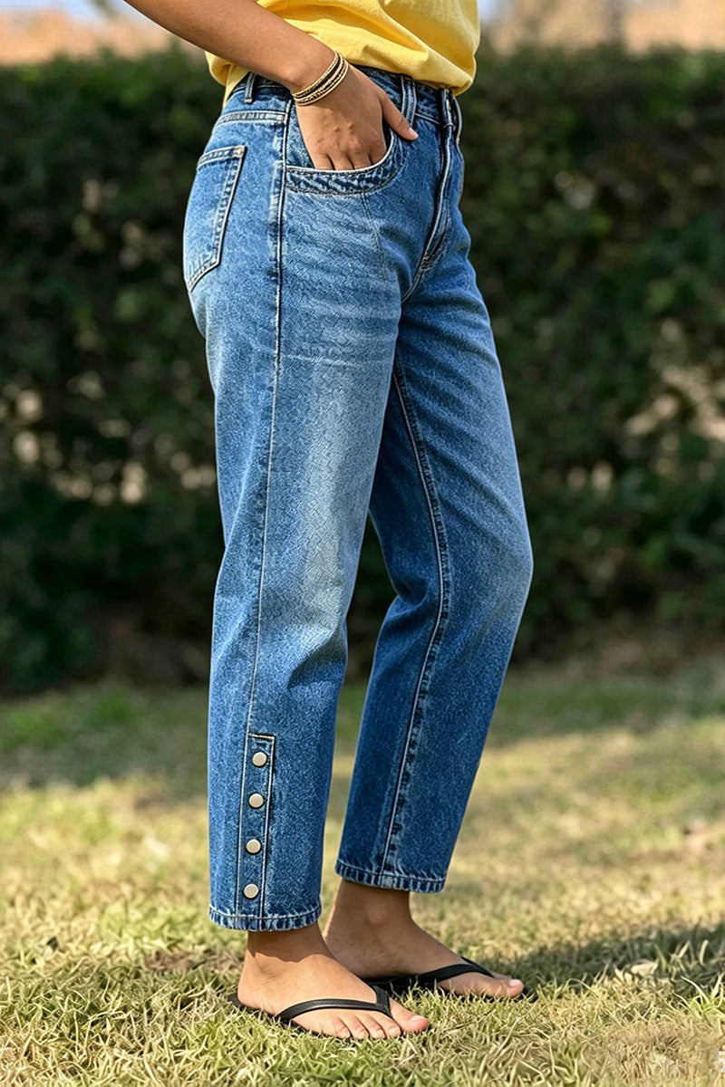 Wash Button Detail High Waist Straight Leg Cropped Jeans
