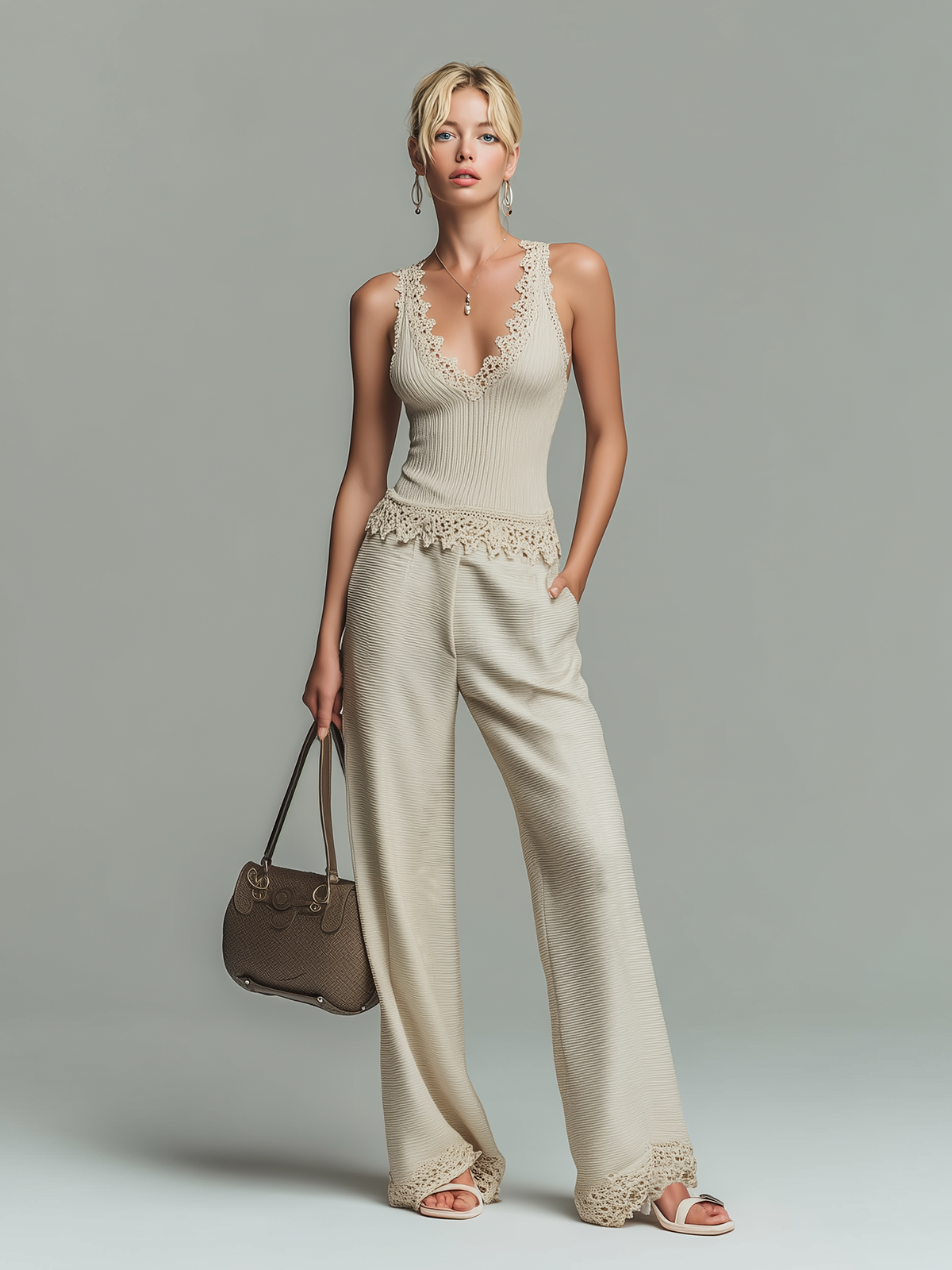 Fashion Elegant Beige V-Neck Patchwork Lace Trim Vest And Loose Wide-Leg Pants Ribbed Knit Two-Piece Set