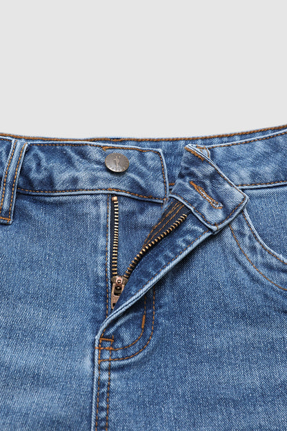 Wash Raw Hem Ripped Mid Waist Denim Shorts