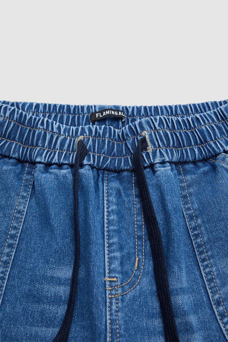 Wash Stitch Detail Roll Hem Drawstring Mid Rise Denim Bermuda Shorts
