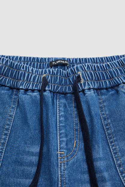 Wash Stitch Detail Roll Hem Drawstring Mid Rise Denim Bermuda Shorts