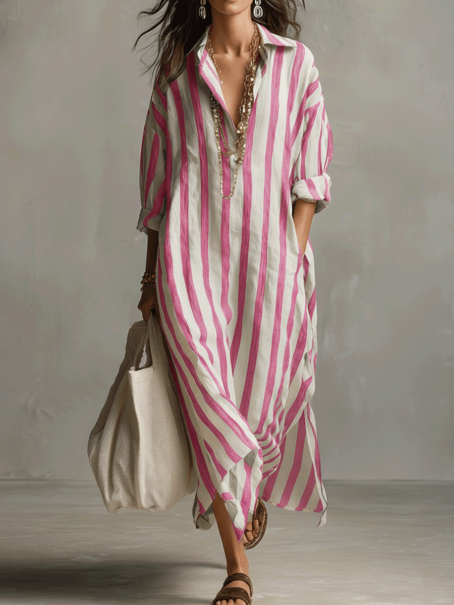 Chemise rayée décontractée Robe longue style bohème