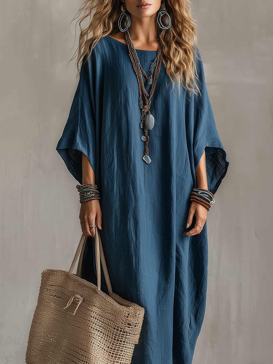 Robe longue kaftan style bohème bleu lagon