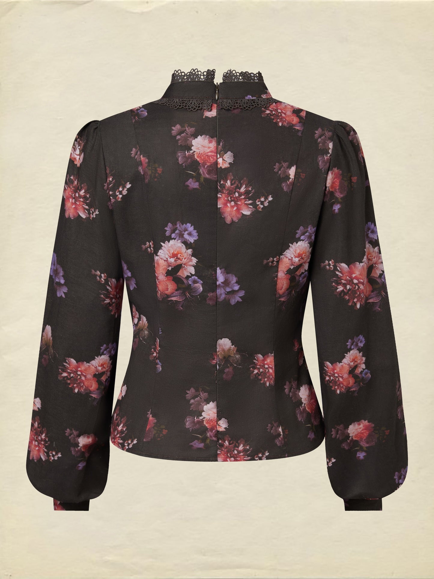Chemisier en coton, manches longues, col montant, floral, dentelle, vintage, noir
