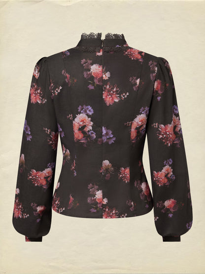 Chemisier en coton, manches longues, col montant, floral, dentelle, vintage, noir