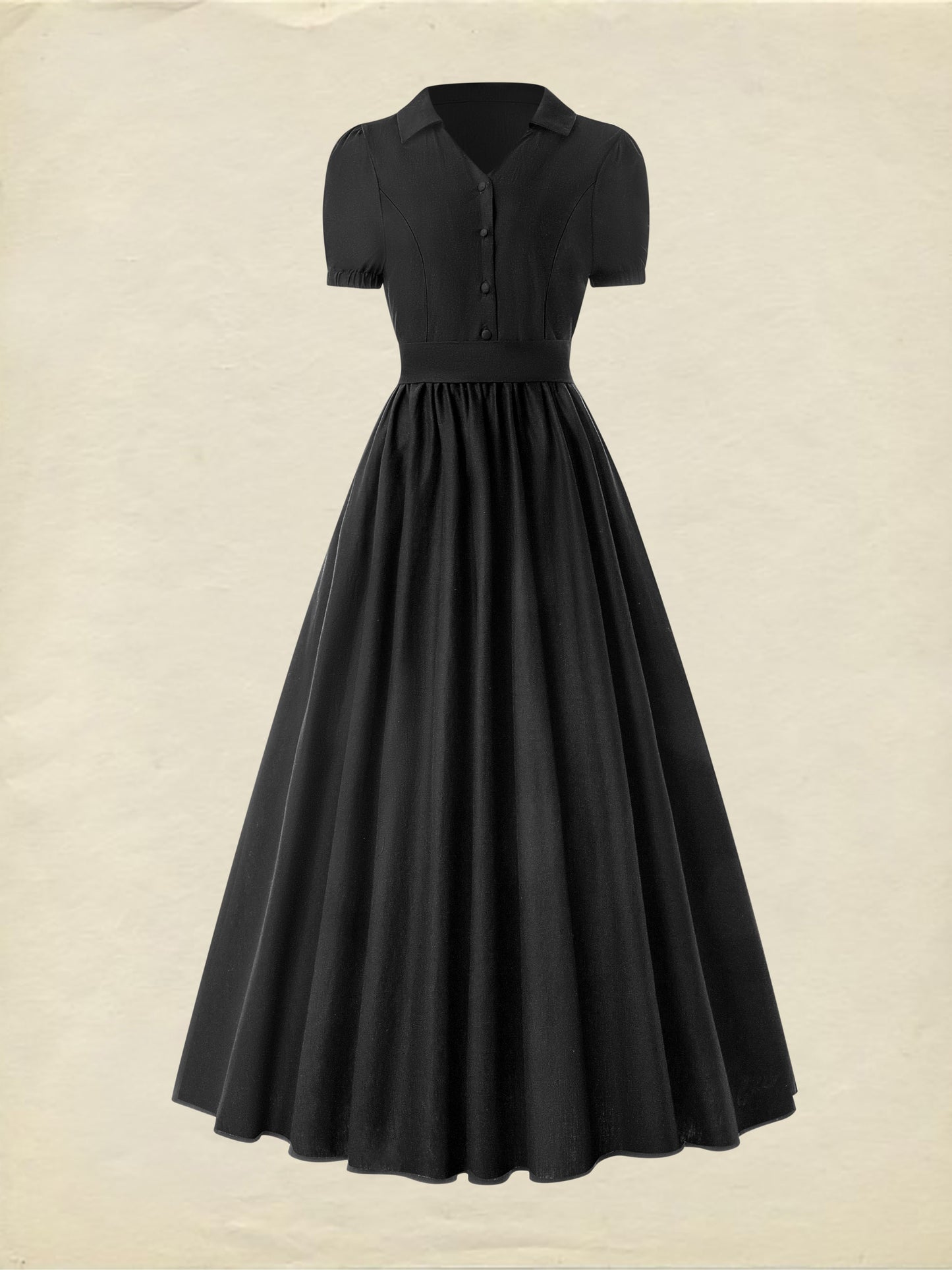 Robe longue en coton, manches courtes, col châle, unie, été, noire