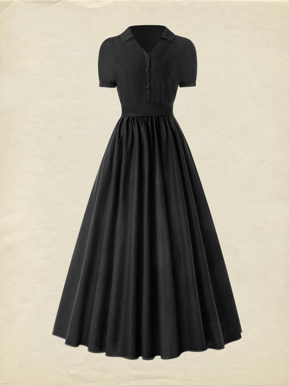 Robe longue en coton, manches courtes, col châle, unie, été, noire