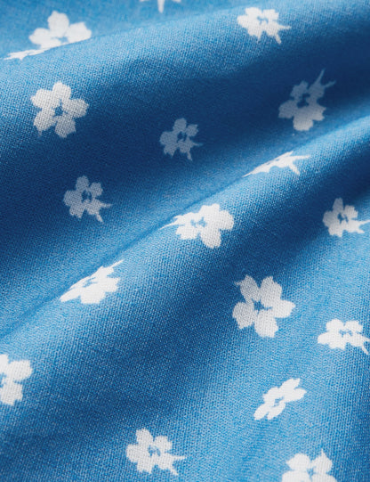 Robe longue en lin, manches 3/4, col montant, motif floral, mélange de lin, bleue
