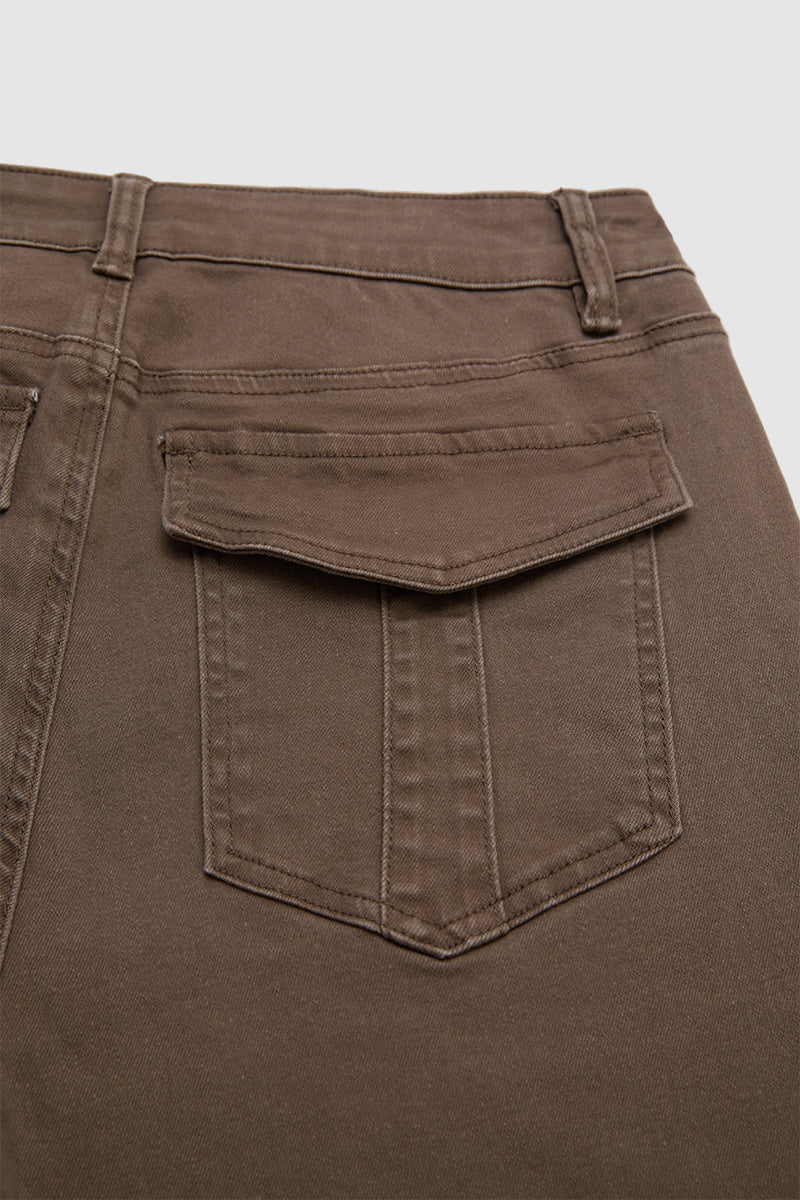 Solid Flap Pocket Mid Waist Straight Leg Pants