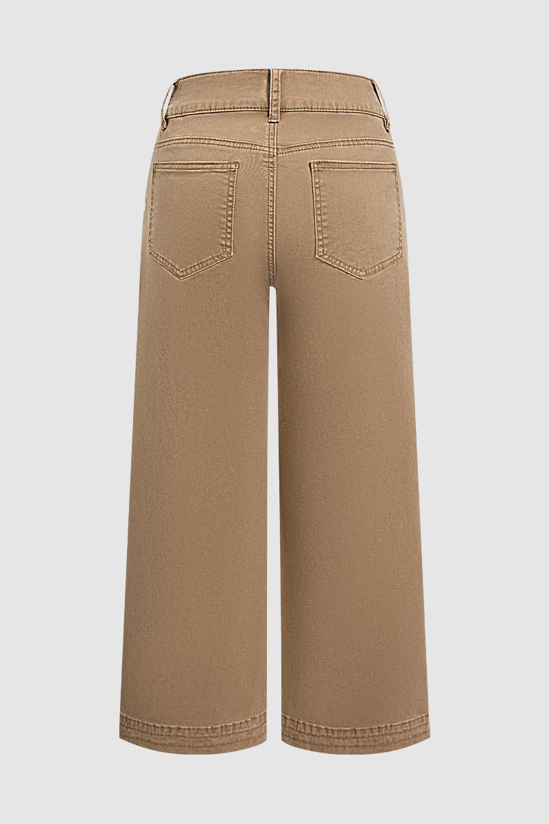 Solid Patched Pocket Mid Waist Wide Leg Pants
