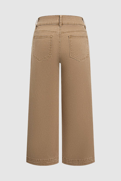Solid Patched Pocket Mid Waist Wide Leg Pants