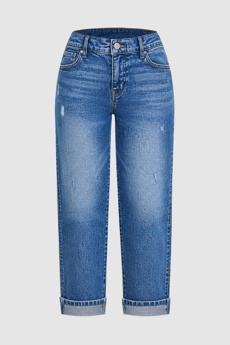 Wash Ripped Mid Waist Straight Leg Crop Jeans