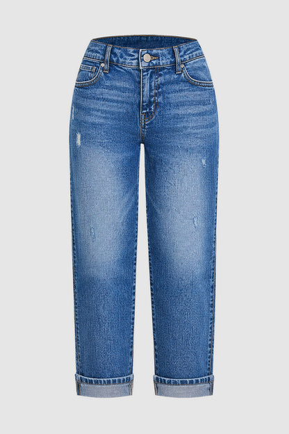 Wash Ripped Mid Waist Straight Leg Crop Jeans