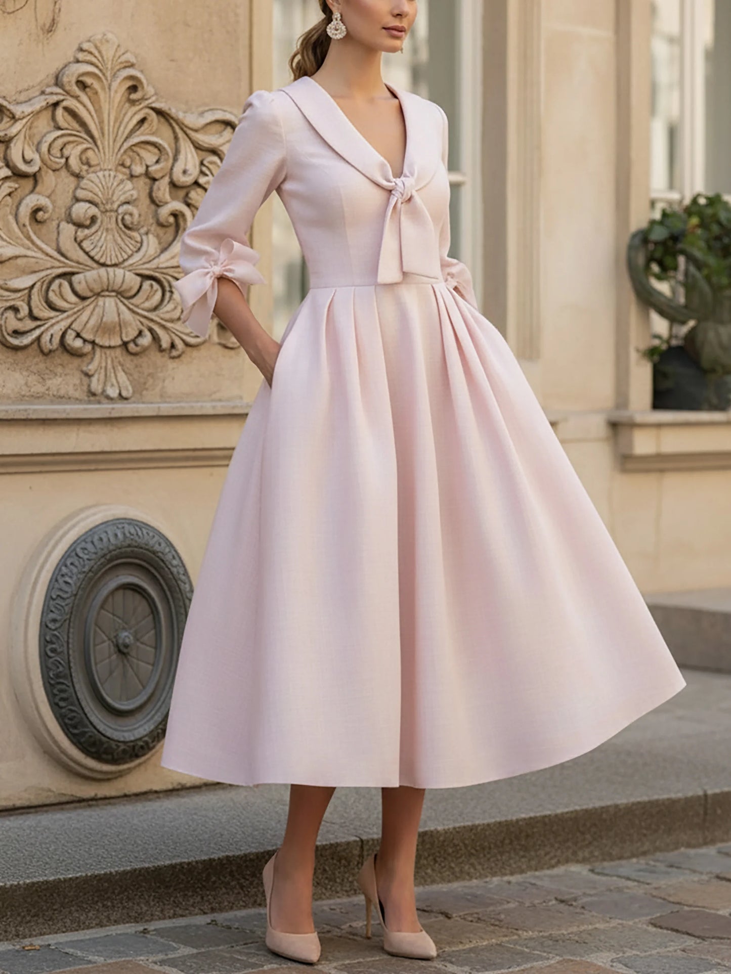 Robe midi en lin, manches courtes, col en V, unie, poches, style vintage français, rose clair