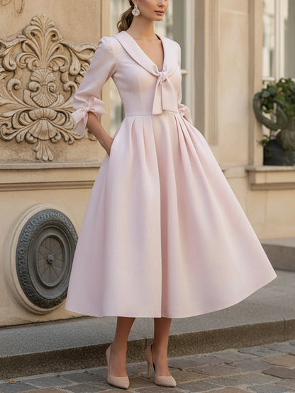 Robe midi en lin, manches courtes, col en V, unie, poches, style vintage français, rose clair