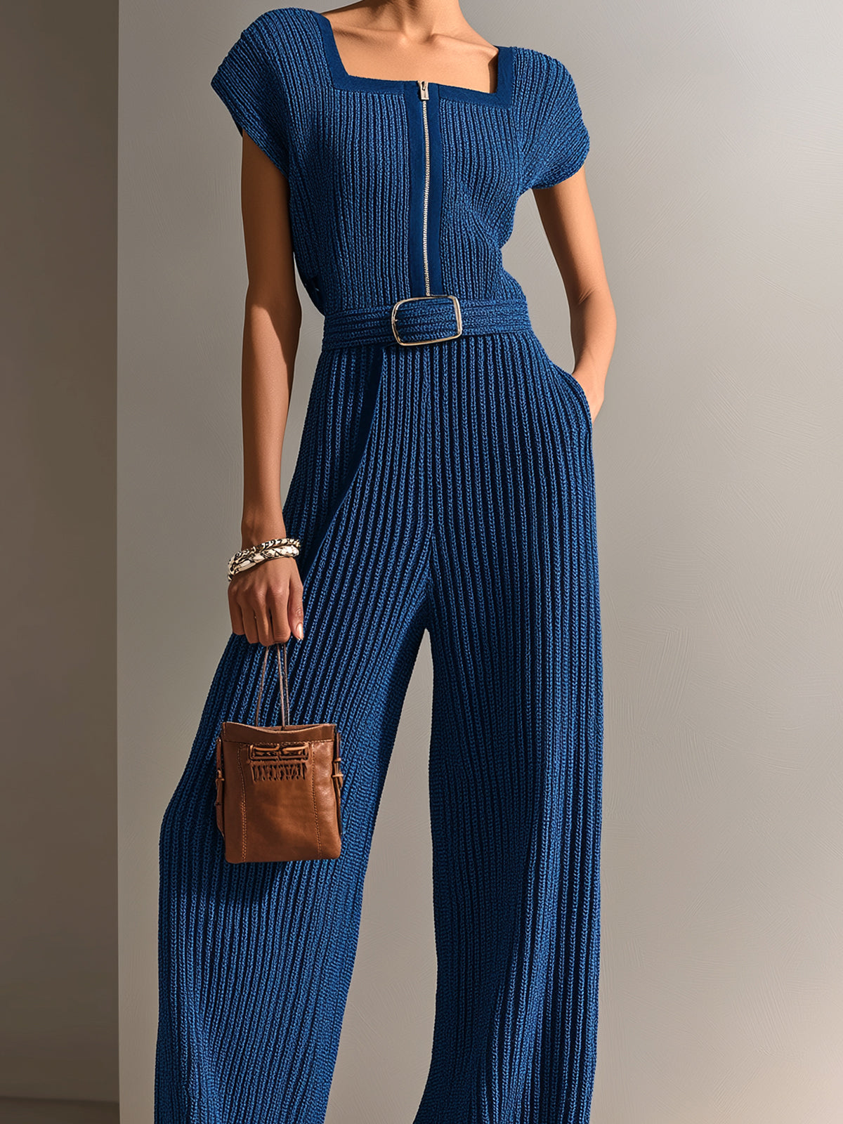 Chic Elegant Navy Blue Square Neck Short-Sleeve Loose-Fit Belted Wide-Leg Ribbed Knit Jumpsuit