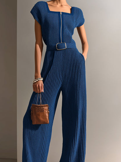 Chic Elegant Navy Blue Square Neck Short-Sleeve Loose-Fit Belted Wide-Leg Ribbed Knit Jumpsuit