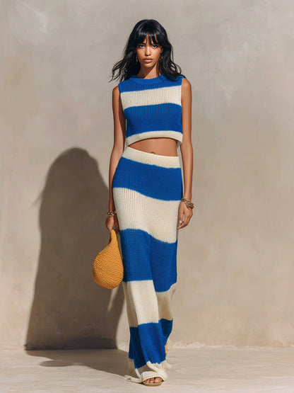 Chic Elegant Royal Blue-White Stripes Round Neck Sleeveless Loose-Fit Cropped Top A-Line Maxi Skirt Knit Two-Piece Set