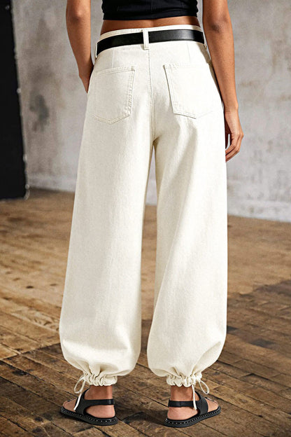 Solid Drawstring Stitch Detail Pleated Mid Waist Wide Leg Crop Pants Without Belt