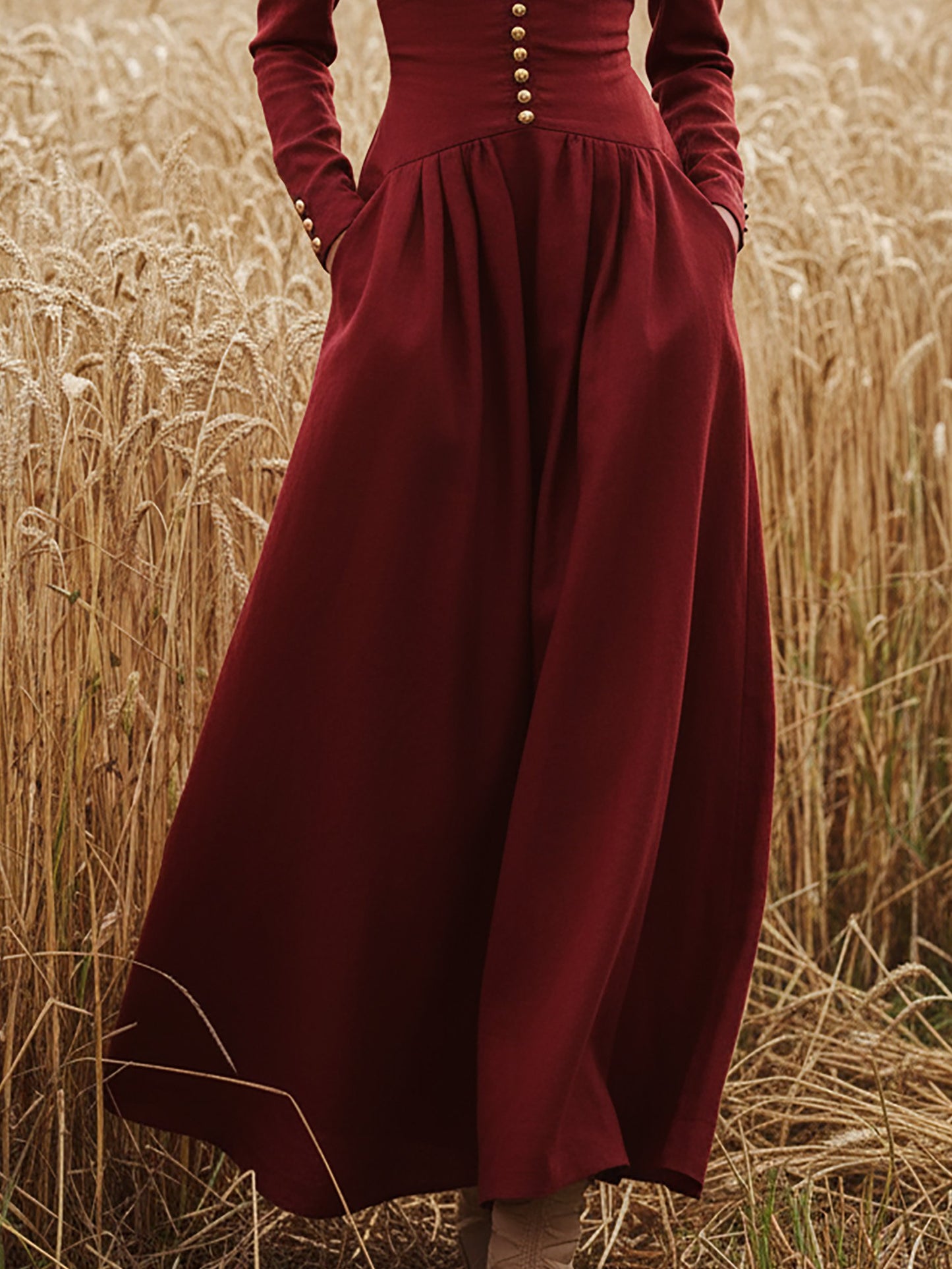 Robe longue en lin, manches longues, col en V, unie, boutonnée, style vintage, rouge foncé