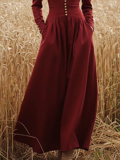 Robe longue en lin, manches longues, col en V, unie, boutonnée, style vintage, rouge foncé