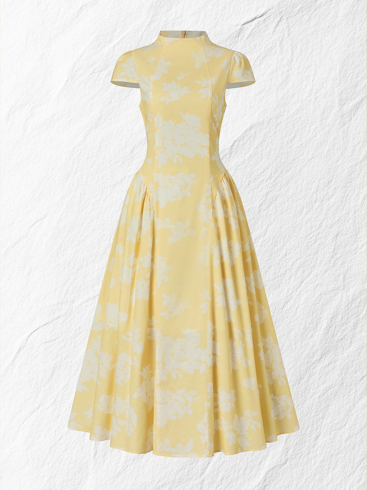 Robe midi en coton, manches courtes, à fleurs, style vintage français, jaune