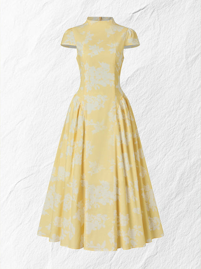 Robe midi en coton, manches courtes, à fleurs, style vintage français, jaune