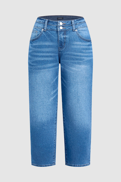 Wash Dual Button Mid Rise Straight Leg Crop Jeans