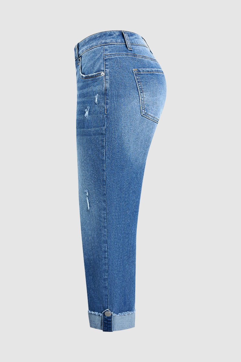 Wash Button Tab Roll Hem Mid Waist Straight Leg Crop Jeans