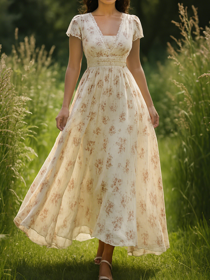 Robe longue en lin, manches courtes, col en V, florale, vintage, abricot