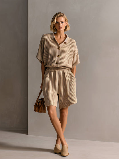 Chic Elegant Camel Lapel Single-Breasted Short-Sleeve Loose-Fit Cardigan Top Oversize Shorts Ribbed Knit Two-Piece Set