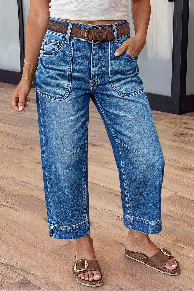 Wash Patch Pocket Split Hem High Rise Straight Leg Crop Jeans Without Belt