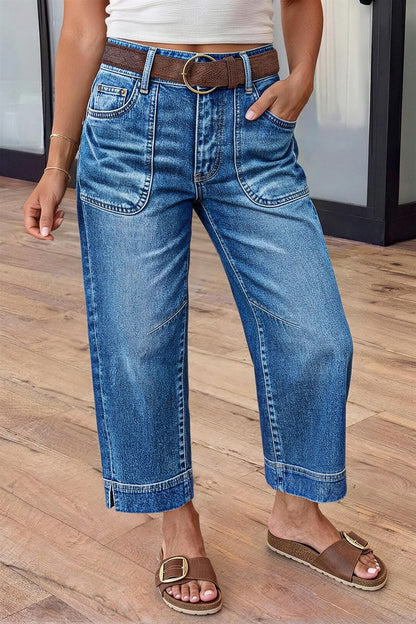 Wash Patch Pocket Split Hem High Rise Straight Leg Crop Jeans Without Belt