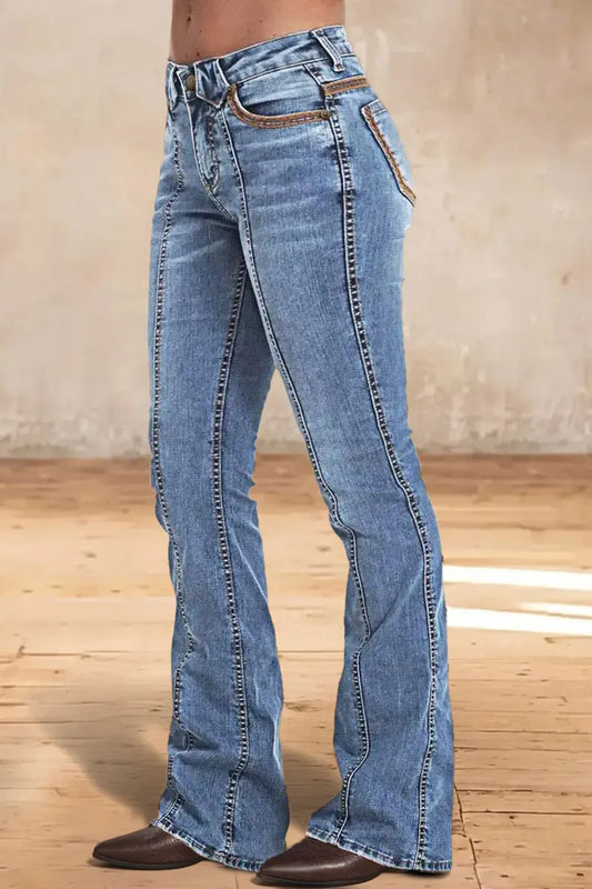 Wash Contrast Stitch Low Waist Bootcut Jeans