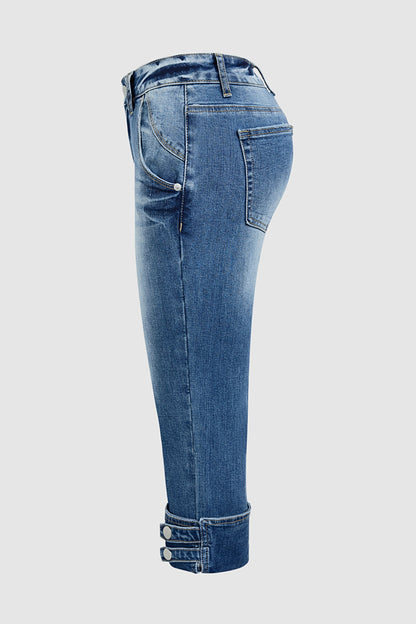 Button Tab Roll Hem Mid Waist Skinny Capri Jeans