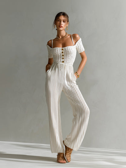 Chic Elegant White Off-The-Shoulder Square Neck Short-Sleeve Gold Button Detail Tailored Waist Wide Leg Crochet Ribbed Knit Jumpsuit