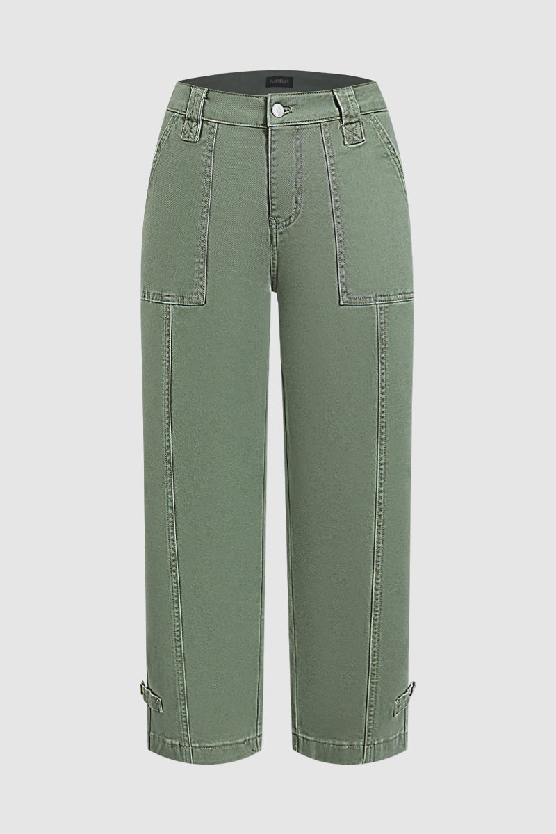 Solid Button Detail Mid Waist Straight Leg Cropped Pants Without Belt