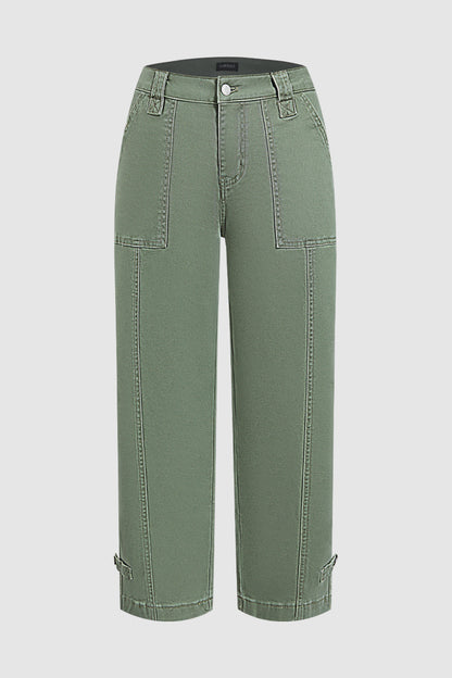 Solid Button Detail Mid Waist Straight Leg Cropped Pants Without Belt