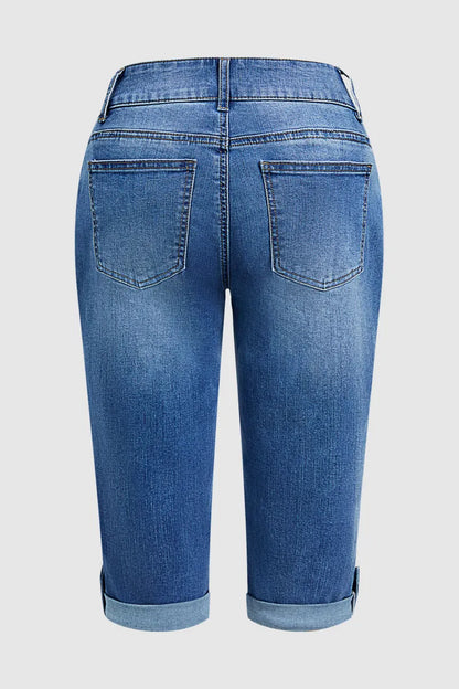 Seam Front Roll Hem Patch Pocket Mid Rise Straight Leg Capri Jeans