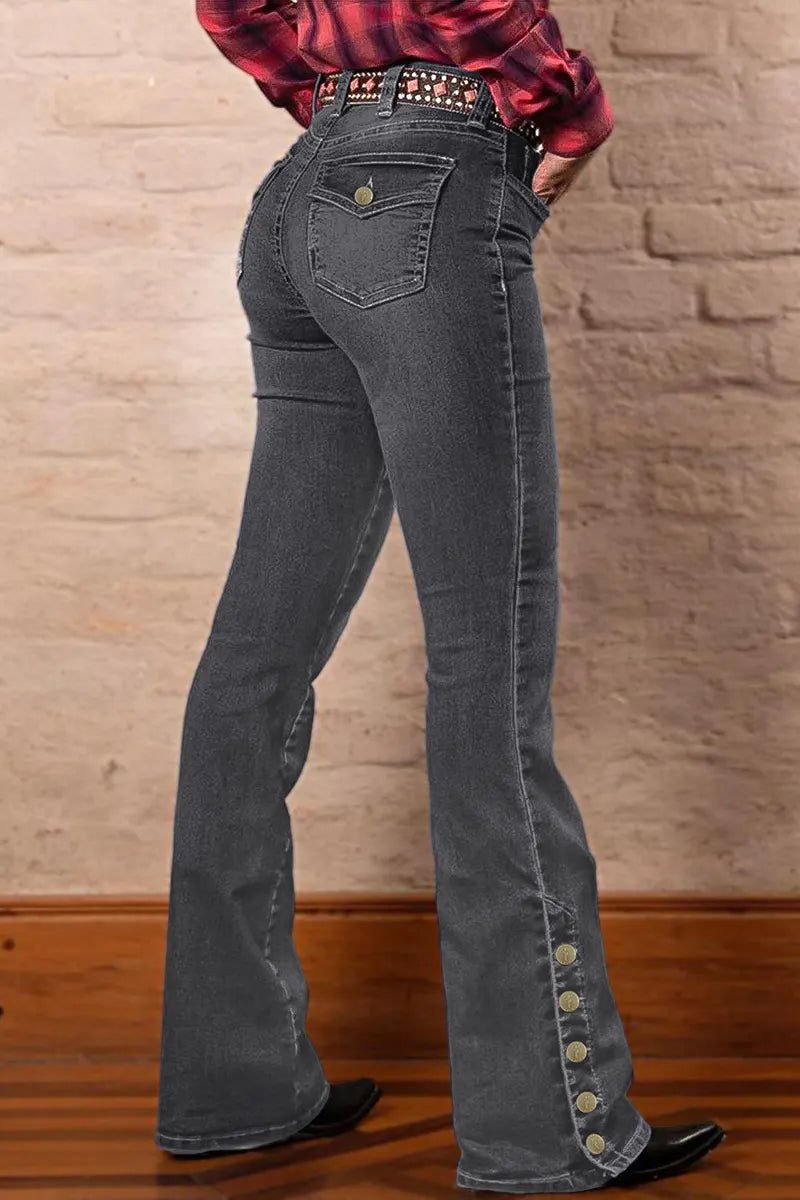 Wash Mid Waist Buttoned Hem Bootcut Jeans Without Belt