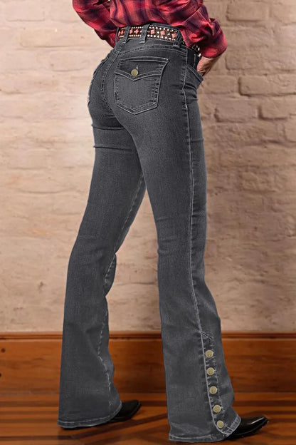 Wash Mid Waist Buttoned Hem Bootcut Jeans Without Belt