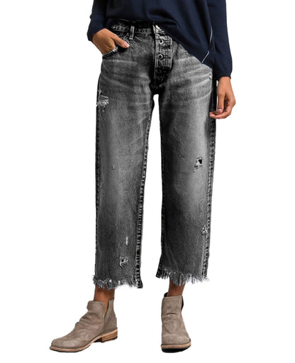 Wash Raw Hem Ripped Mid Rise Crop Straight Leg Jeans