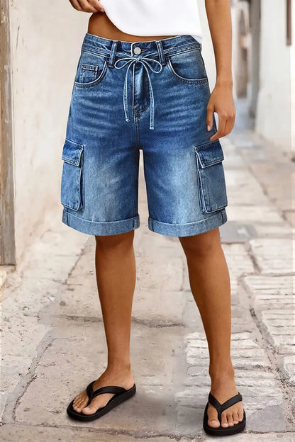 Wash Flap Pocket Roll Hem Belted High Rise Denim Bermuda Shorts