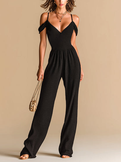 Chic Elegant Black Off-The-Shoulder Strappy V-Neck Short-Sleeve Tailored Waist Wide-Leg Knit Jumpsuit