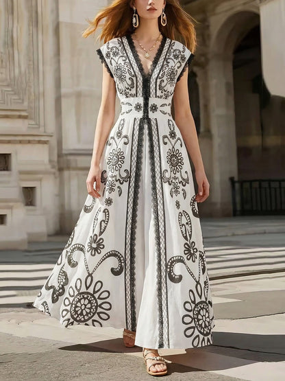 Robe longue en coton, Manches courtes, Col en V, Cachemire, Dentelle, Vacances, Vintage, Blanc