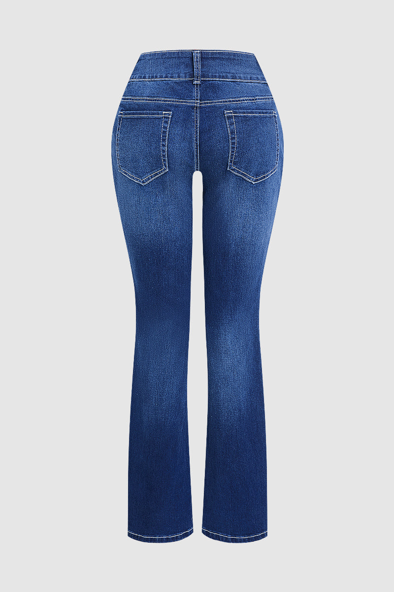 Wash Sailor Button Patch Pocket Mid Rise Bootcut Jeans