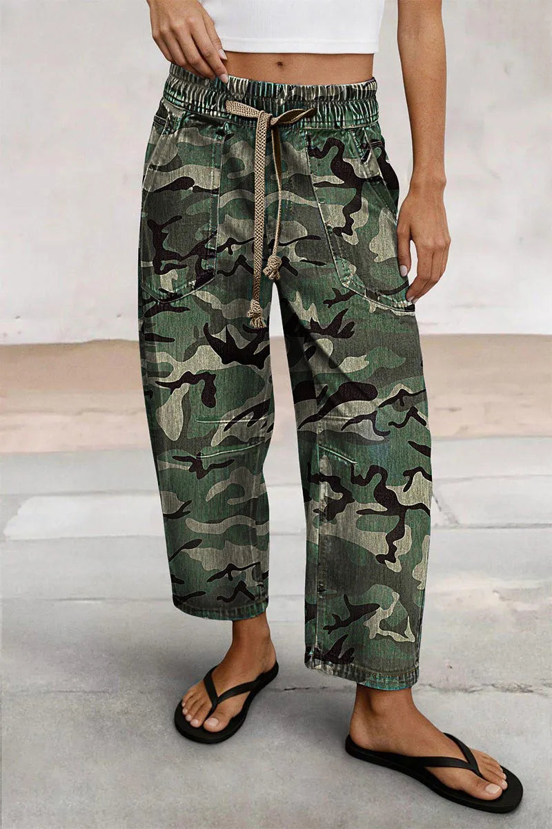 Camo Drawstring Mid Waist Barrel Leg Crop Pants