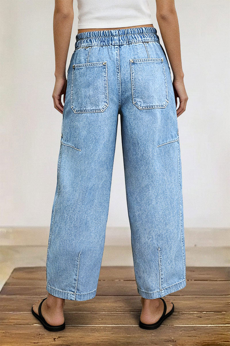 Drawstring Patched Pocket High Waist Barrel Leg Crop Jeans