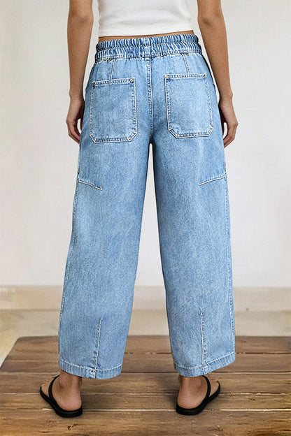 Drawstring Patched Pocket High Waist Barrel Leg Crop Jeans