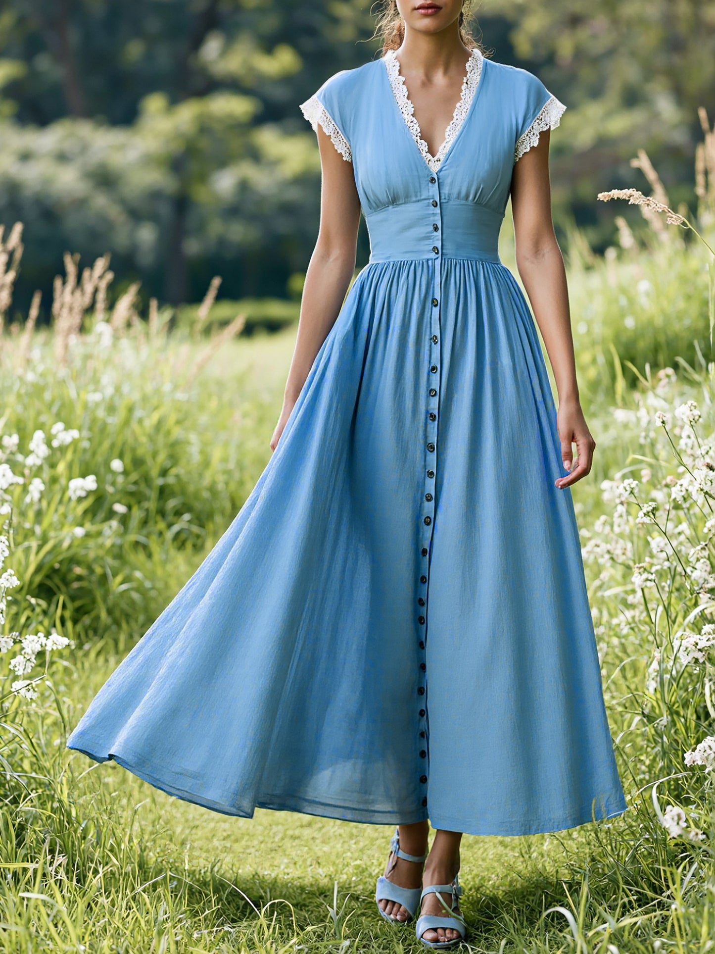 Robe longue en lin, manches courtes, col en V, unie, boutonnée, vintage, bleue